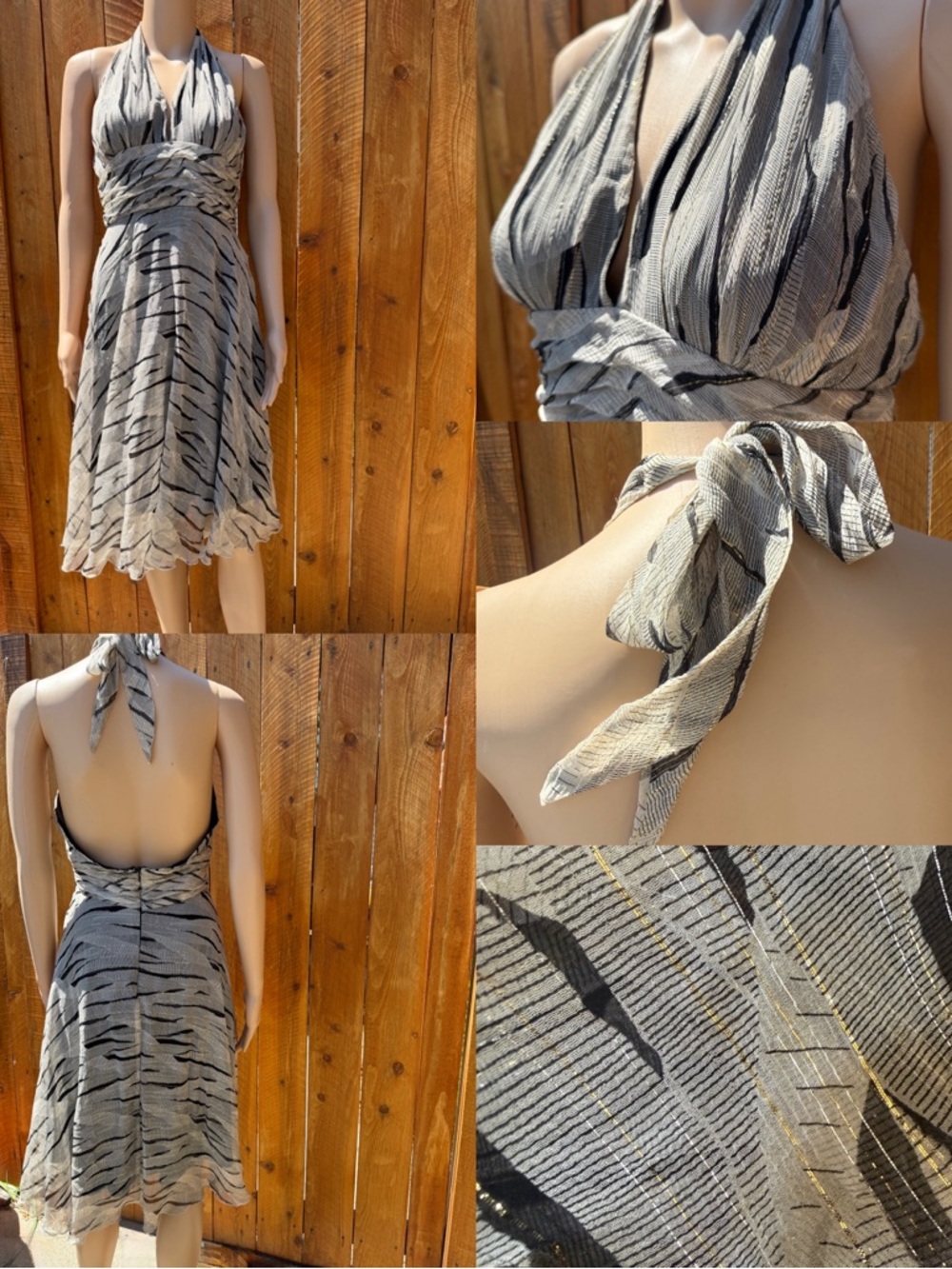 ECI New York Halter Neck Black & White Dress with Silver & Gold Threading - 4